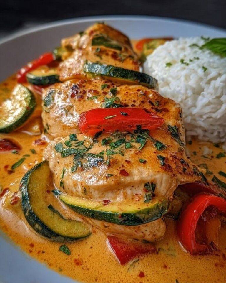Pollo a la crema con calabacín y pimiento morrón