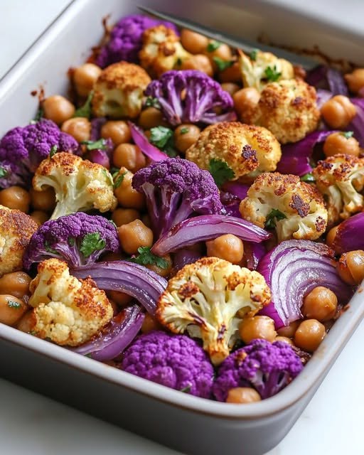 Garbanzos y coliflor asados ​​con cebolla roja