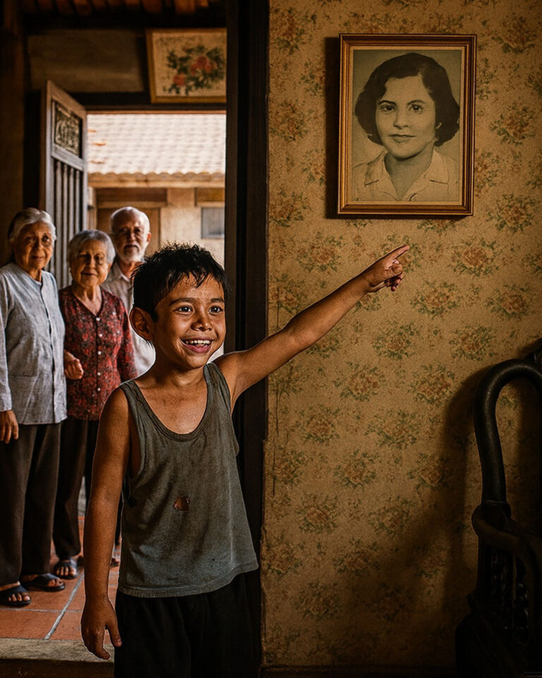 Dio refugio al niño pobre durante la lluvia, y la anciana quedó atónita cuando el pequeño señaló la foto de su hija y exclamó una frase…
