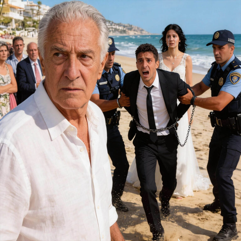 En la boda en la playa de mi hija, su futuro esposo se inclinó hacia mí y murmuró con una sonrisa torcida: “Paga cien mil dólares por este lujo… o desaparece para siempre.” Mi hija añadió: “O disfruta tu soledad en la residencia.” Levanté mi copa y respondí suavemente: “Hay algo que ustedes han olvidado.” Sus rostros palidecieron. Un segundo después, el caos estalló… y yo ni siquiera tuve que mover un dedo.