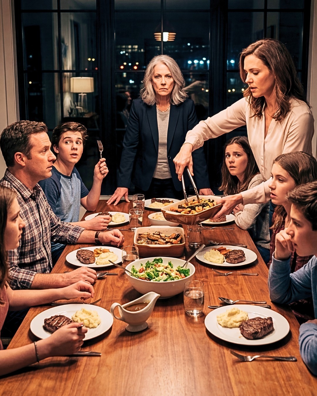 Solo pedí para la familia —dijo mi nuera, mientras servían el bistec a todos menos a mí. Miré a mi hijo. Bajó la mirada… y siguió comiendo. Entonces me levante. Y dije lo que nadie esperaba.