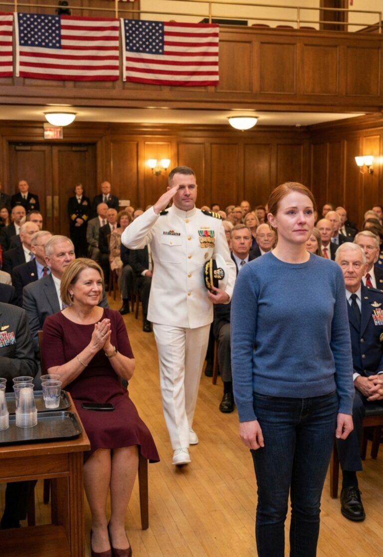 Llegué a casa para sentarme tranquilamente en la fila trasera de la ceremonia de veteranos de mi padre mientras mi madrastra se sonreía: “Ya se fue de la marina”: luego un hombre vestido de blanco entró en ese salón lleno, ignoró el escenario y comenzó a caminar directamente hacia mí